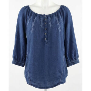 Great Northwest Indigo Tunic Womens 2X Blue Floral 3/4 Sleeve Embroidered Boho